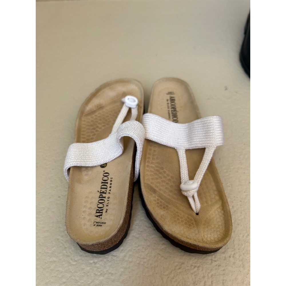 Arcopedico Vega White Woven Stretch Thong Sandals Womens 38 Portugal Comfort - Picture 3 of 4